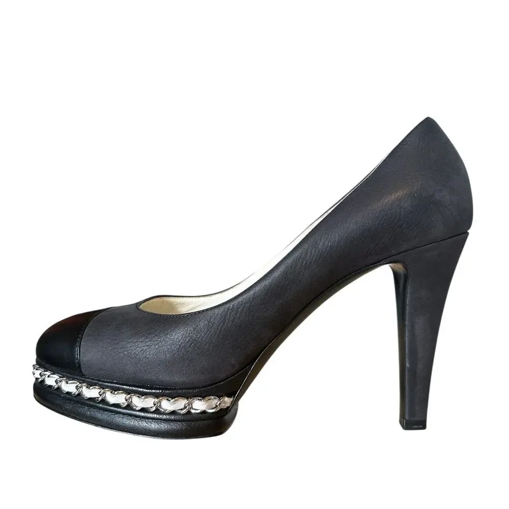 Chanel CC Cap Toe Chain Platform Pumps 39C Black 4” Heel G29068